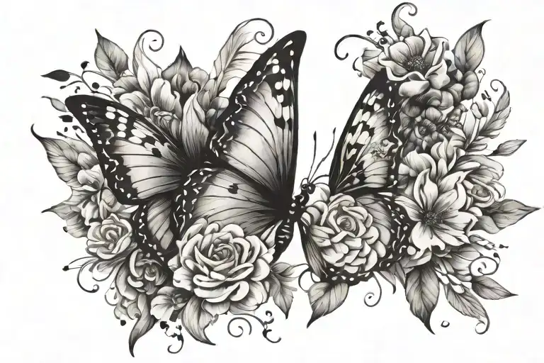 Butterfly wings and flowers blooming tattoo design idea