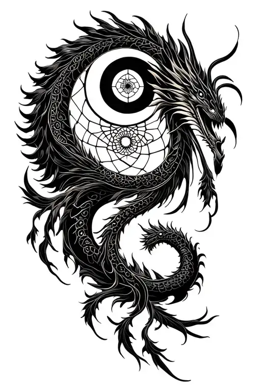 Ying and yang dream catcher dragon, black tattoo design idea