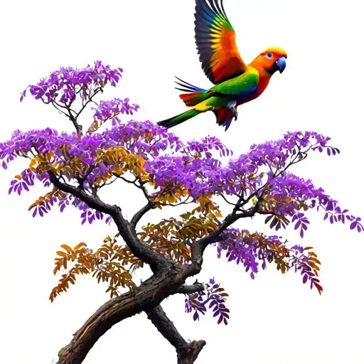 Purple leafy Jacaranda tree with two bright rainbow lorikeets flying above  tattoo design idea