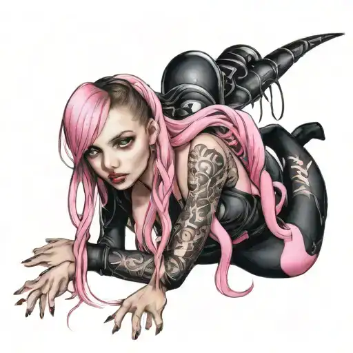 Sexy Girl, huge butt, big boobs, pink skin tight latex jumpsuit, pink eyes, pink really long pigtails, young small teen tattoo design idea