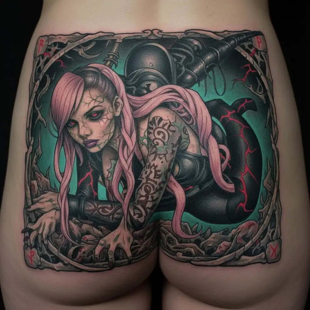 Sexy Girl, huge butt, big boobs, pink skin tight latex jumpsuit, pink eyes, pink really long pigtails, young small teen tattoo design idea