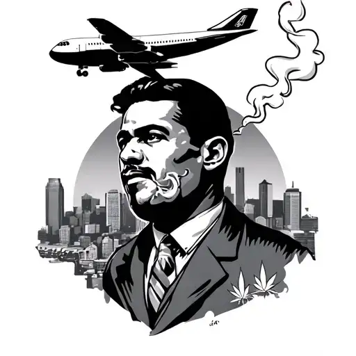 airplane flying over the Baltimore skyline with the Pringle man smoking marijuana  tattoo design idea