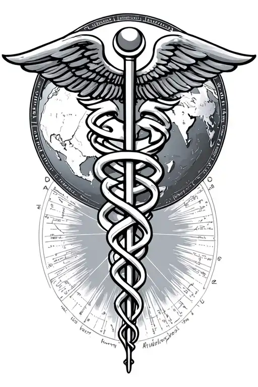 The caduceus symbol stick head with flat earth diagram tattoo design idea