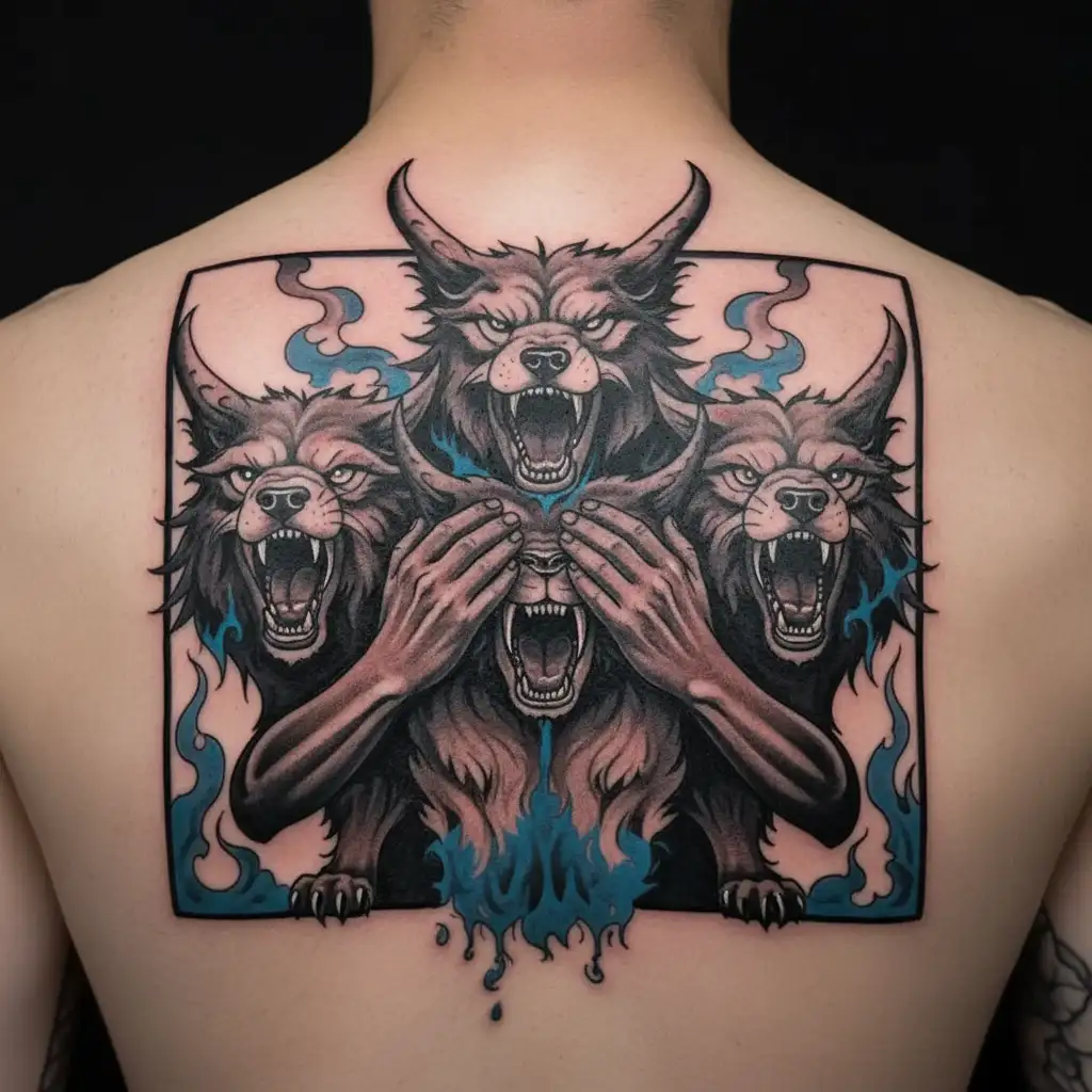 3 headed cerberus tattoo sleeve with hear see speak no evil dark but with blue accents  tattoo design idea