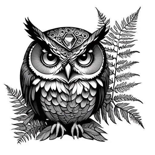 owl , gemstones, fern leaf tattoo design idea