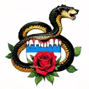 The snake that has completely soared the bear in the teeth of the Russian flag, at the top of the heart of the rose and leaflets tattoo design idea