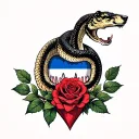 The snake that has completely soared the bear in the teeth of the Russian flag, at the top of the heart of the rose and leaflets tattoo design idea