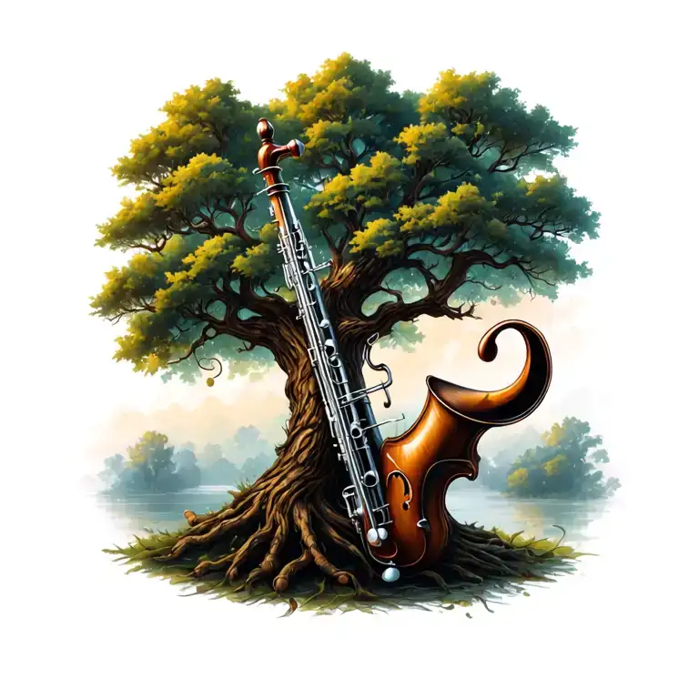 life tree music note intertwined, cross bass clarinet tattoo design idea