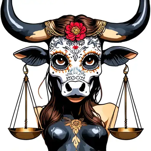 woman body bull with sugar skull markings, brown eyes, brown hair and two Libra scales and dark background tattoo design idea