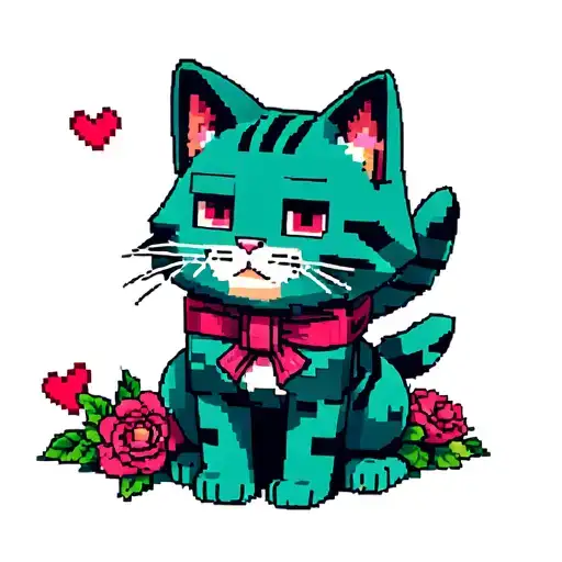 Minecraft cat sitting with Minecraft hearts and flowers tattoo design idea