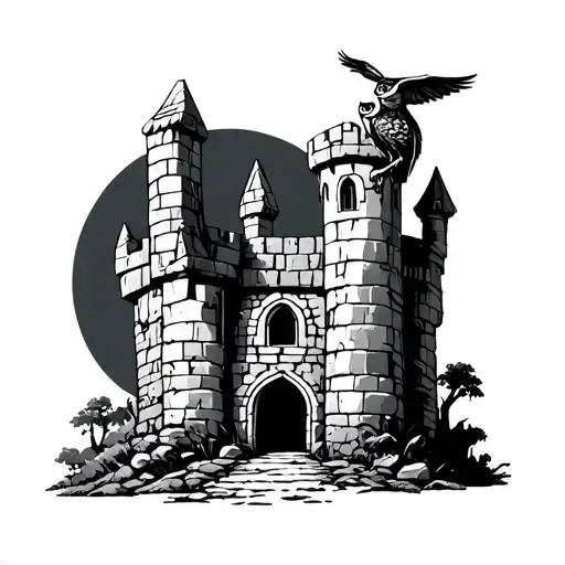 simple and small ruined medieval castle with an owl perched atop tattoo design idea