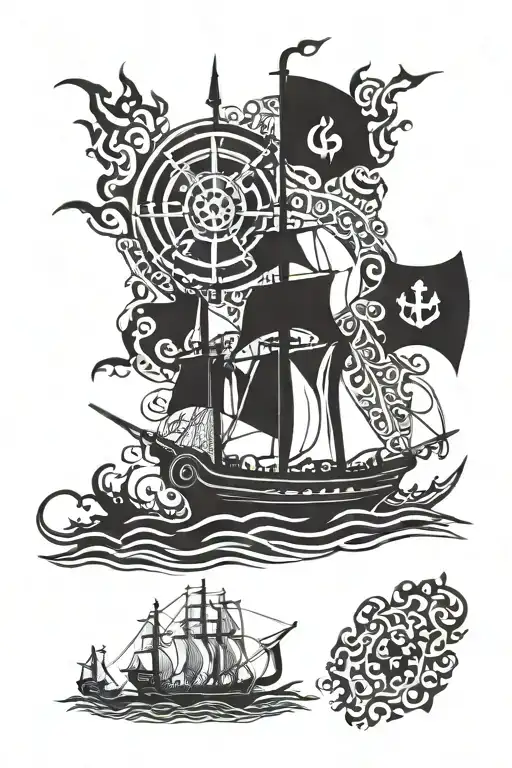 nordic and ships sailing towards a burning tattoo design idea