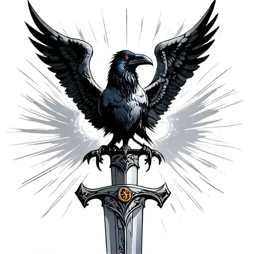 crow top on the sword with angry face, background shining like angel comings and one tombstone front of sword  tattoo design idea