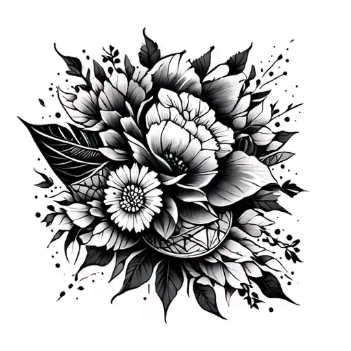 Black and grey full-arm tattoo sleeve seamlessly mixing geometric and floral patterns. Features bold, masculine details  tattoo design idea