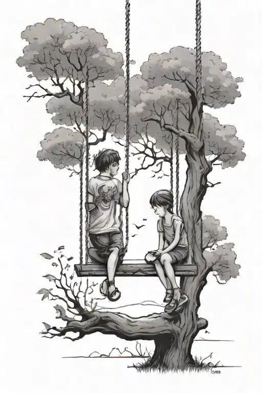 boy and girl sitting on a swing in a tree looking to heaven, girl is pointing to the sky tattoo design idea
