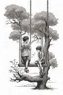boy and girl sitting on a swing in a tree looking to heaven, girl is pointing to the sky tattoo design idea