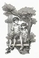 boy and girl sitting on a swing in a tree looking to heaven, girl is pointing to the sky tattoo design idea