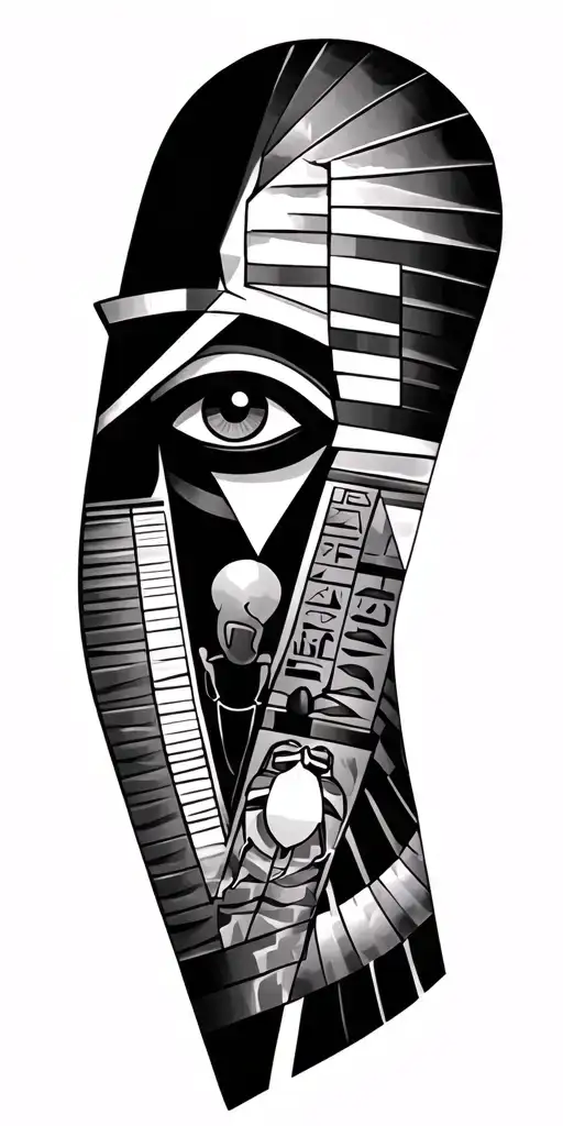 Egyptian and geometric tattoo, with horus eye, pyramids, beetle, hieroglyphs, anubis, symbol of time tattoo design idea