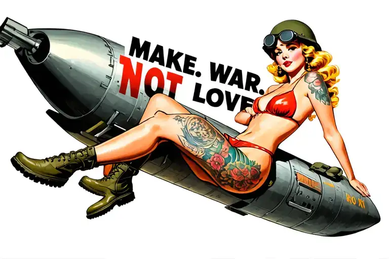 "MAKE WAR. NOT LOVE" 1940's pinup modest sitting on WWII missile, vintage bikini, combat boots, army helmet with goggles, blonde windblown tattoo design idea