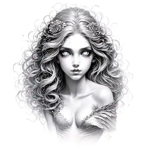 mermaid siren with white statue-like eyes realistic not anime style tattoo design idea