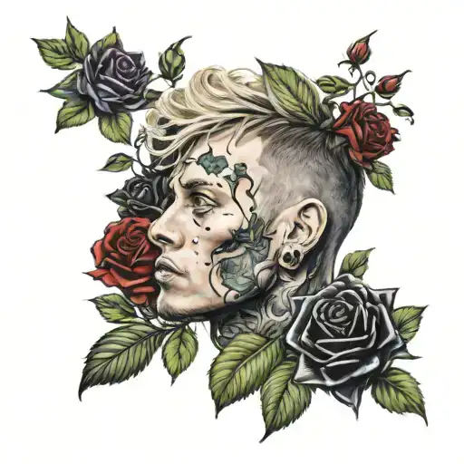 A realistic portrait of Mgk surrounded by black roses tattoo design idea