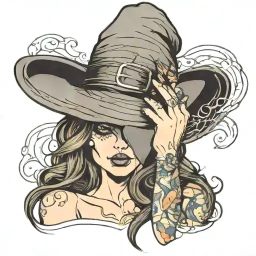 attractive witch hiding her face under her hat sitting tattoo design idea