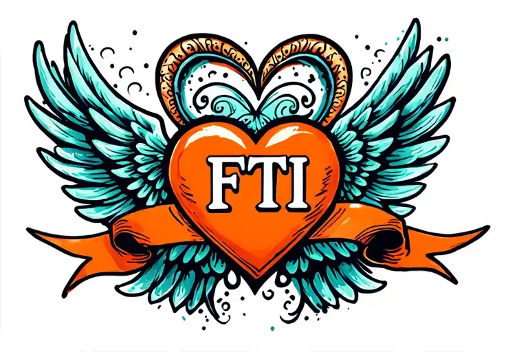 Orange paisley heart with ribbon that turns into airplane wings. The ribbon says "FTI" in the middle tattoo design idea