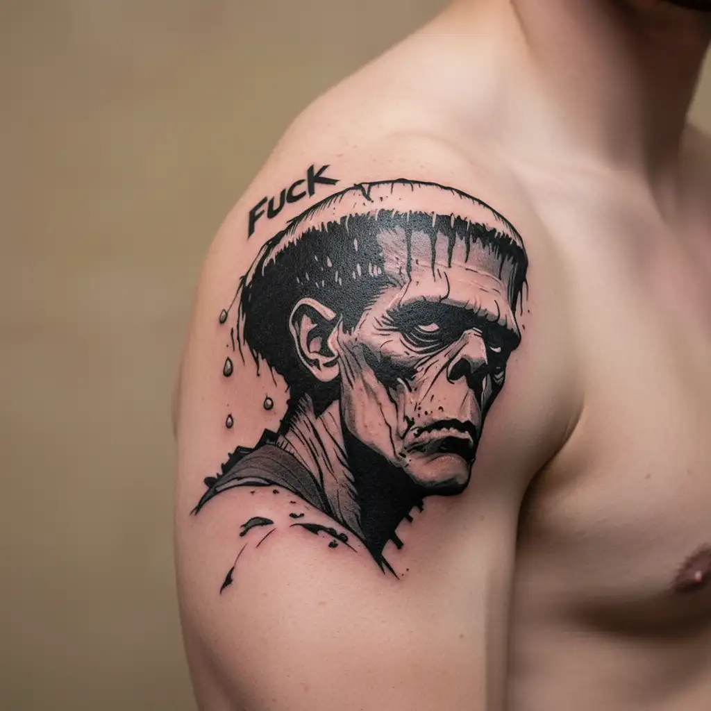 frankenstein with "fuck" on his head simple tattoo design idea