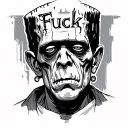 frankenstein with "fuck" on his head simple tattoo design idea