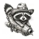 A raccoon in a cowboy hat ride on a rocket tattoo design idea
