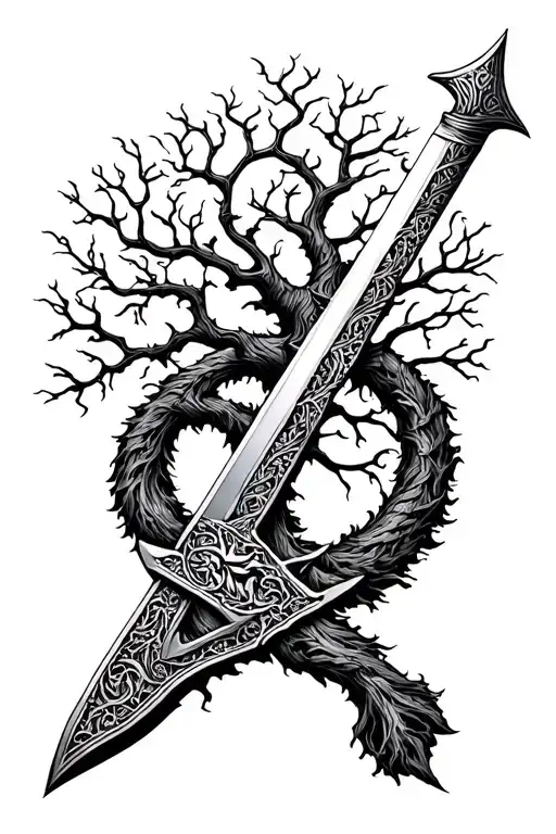 viking sword with tree of life intertwined tattoo design idea