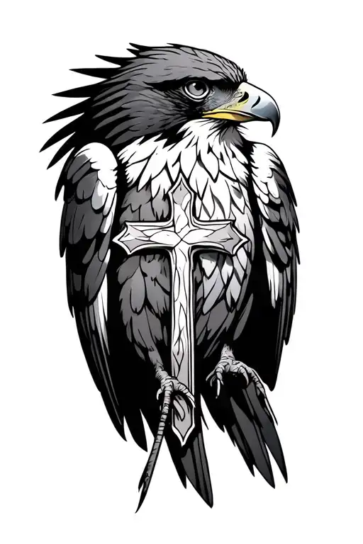 cross and hawk perched tattoo design idea
