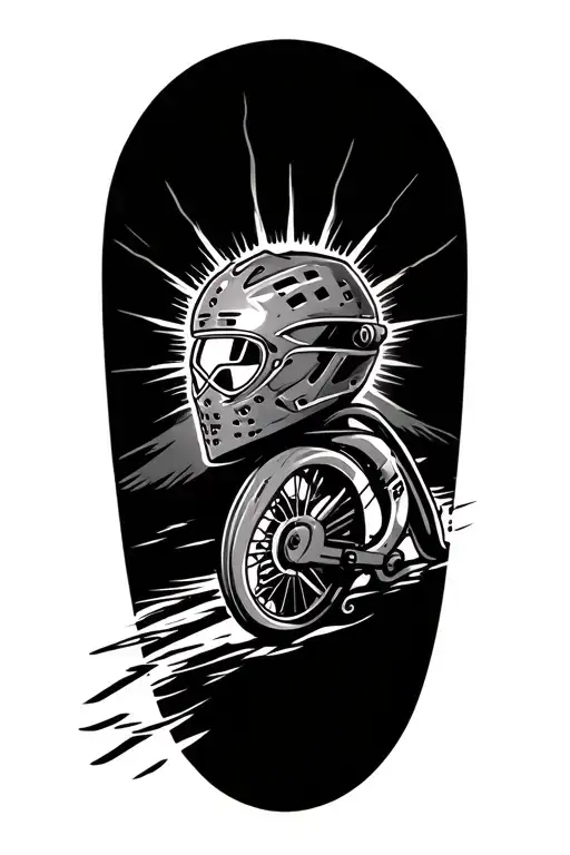 "Karsen Rielyn Henley" Include sunbeam from shoulder, goalie mask surrounded by swirling with a road bike at the end tattoo design idea