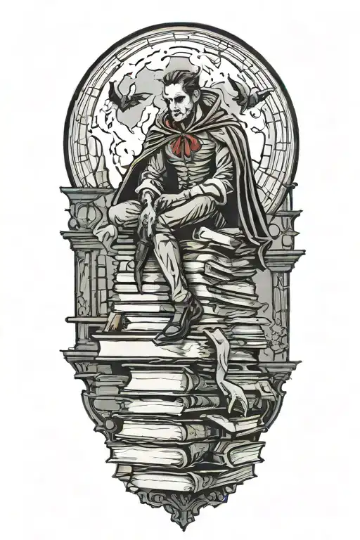 A vampire sitting atop of books. Full moon outside window. Bats flying and hanging. tattoo design idea