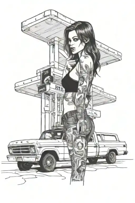 Girl in a flatbed ford on a gas station in Arizona tattoo design idea