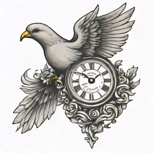 time clock embedded with dove flying tattoo design idea