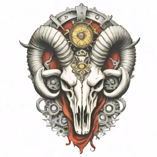 rocky mountain ram skull,  horns become exaust pipes, tattered ribbon, gears, airbrushed, chrome, only ribbon colored tattoo design idea