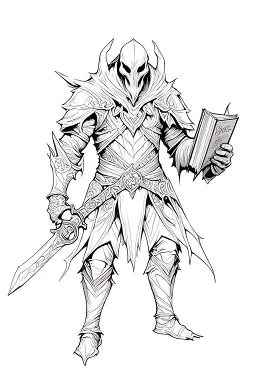dark souls exterminator that has been conformed into the dark sided ways carrying a diabolic book wielding a diabolic we tattoo design idea