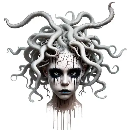 Medusa with cracked skin, realistic with dripping black eyes, all the way to the bust tattoo design idea