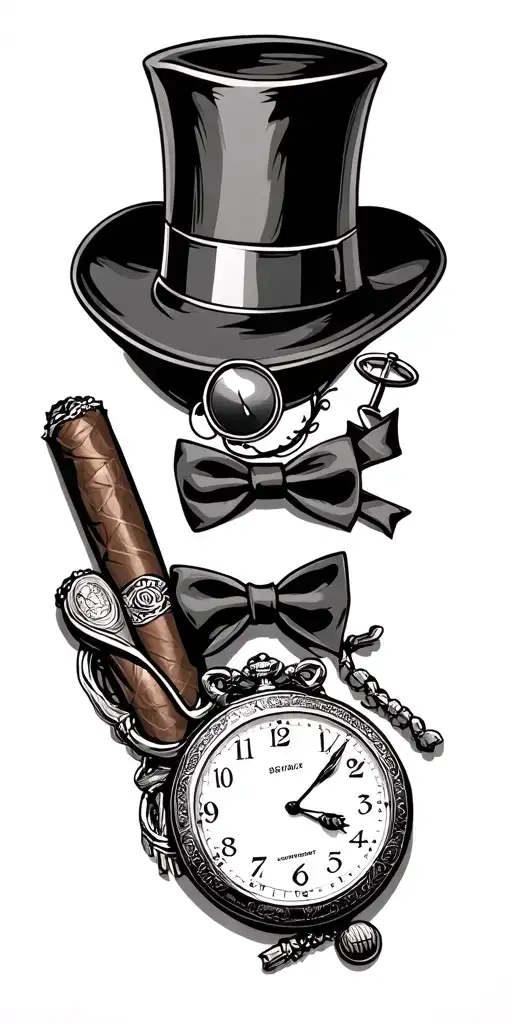 a monocle, a cigar, top hat, cuff links, bowtie, cane, money clip and a pocket watch tattoo design idea