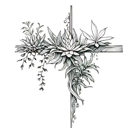 houseplants and succulents growing into a cross  tattoo design idea
