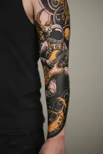 An astronaut smokes a cigarette while lying on a crescent moon, with an electric guitar lying next to him tattoo design idea