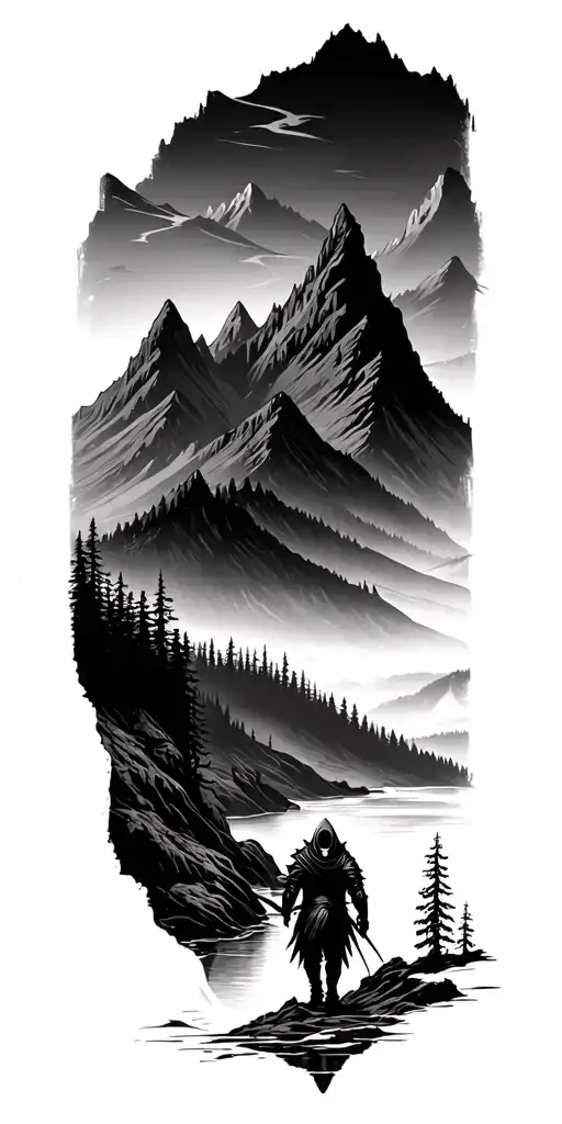 forest with river flowing and mountain range silhouette with a reaper walking through valley tattoo design idea