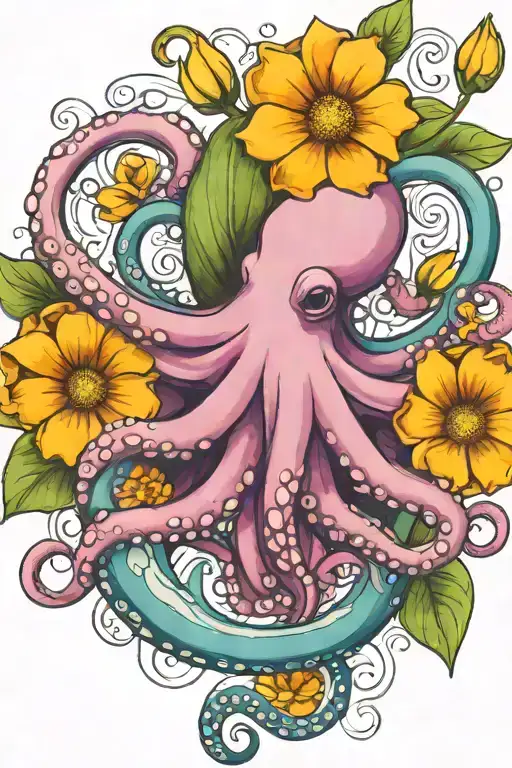 octopus, white snowdrop, rose,  marigold flower tattoo design idea