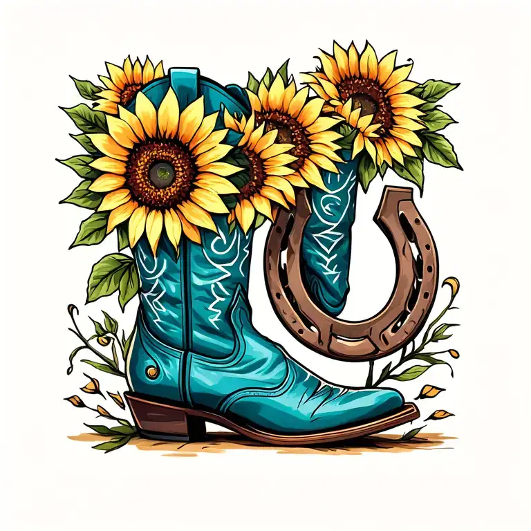 cowboy boot sunflowers and horse shoe tattoo design idea