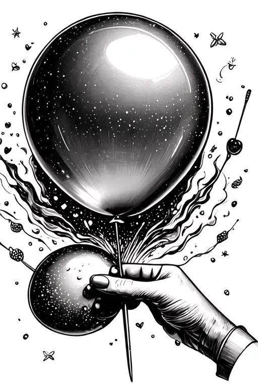 a whimsical ballon being popped by a sewing needle  with designs to represent glitter around it tattoo design idea