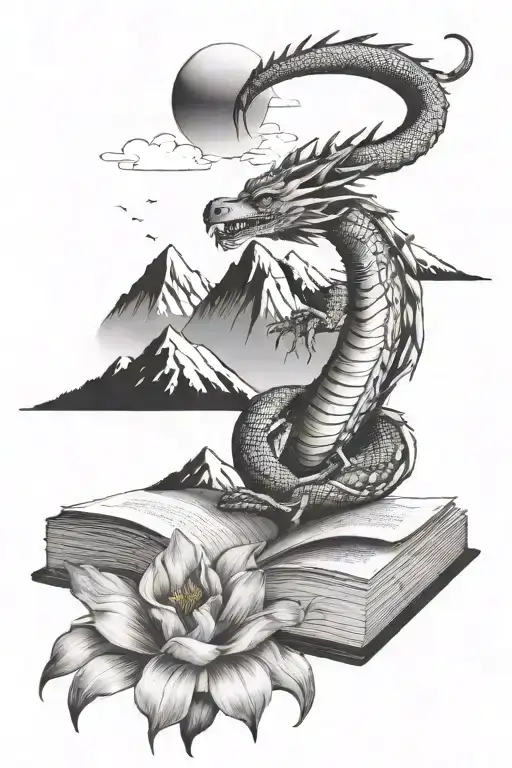 open book with mountains above a dragon, the sun, and iris flower, the number 13, a bears paw print tattoo design idea