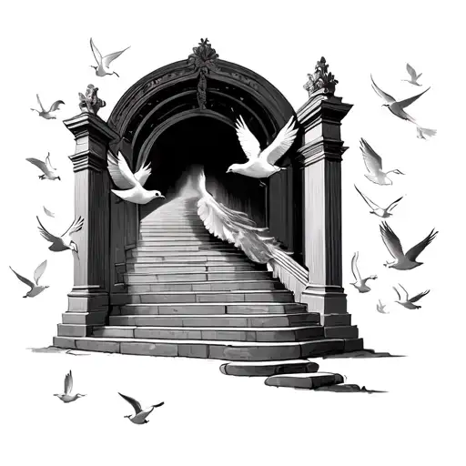 heaven gates doves flying around it and staircase coming up tattoo design idea