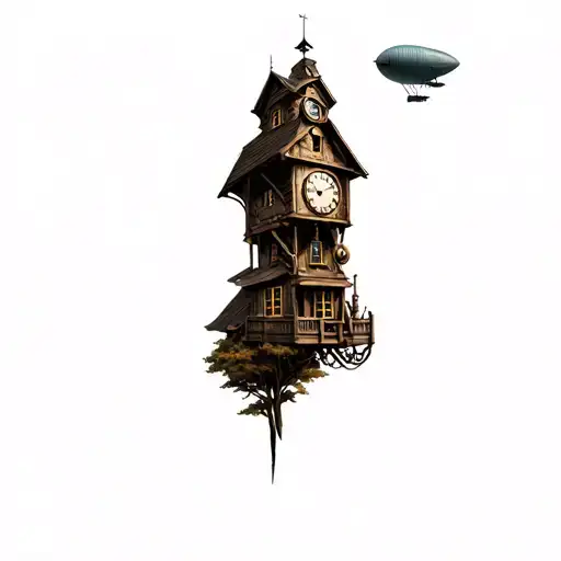 Steampunk Inspired Scene: In a forest there is a wooden house with a tower clock and a Zeppelin flies in the sky tattoo design idea