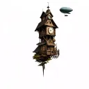Steampunk Inspired Scene: In a forest there is a wooden house with a tower clock and a Zeppelin flies in the sky tattoo design idea